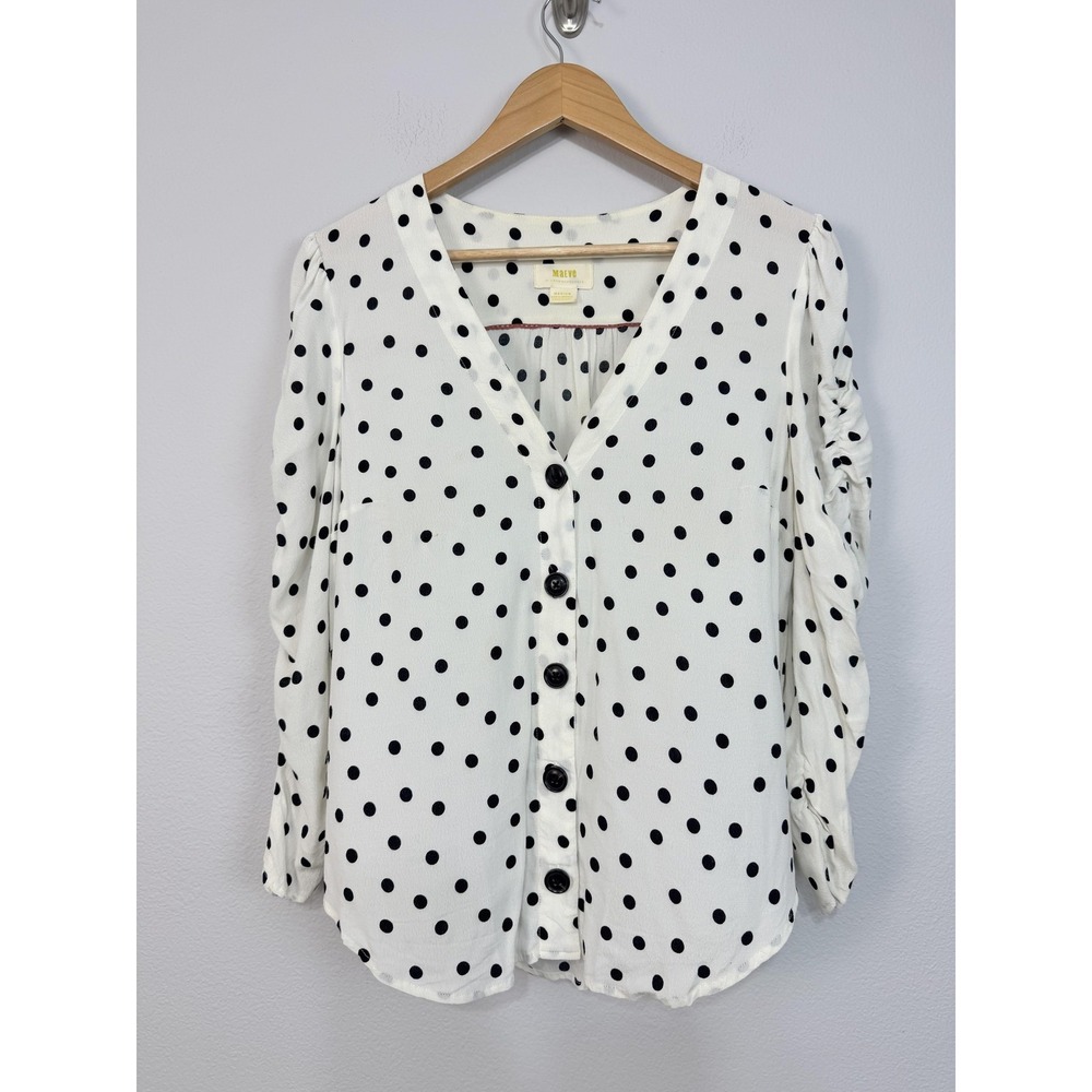 Maeve Anthropologie Blouse Women's Medium White Polka Dot Button Front V Neck